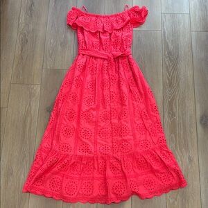 Lilly Pulitzer Liabella Off-The-Shoulder Eyelet Midi Dress in Spicy Coral Sunny